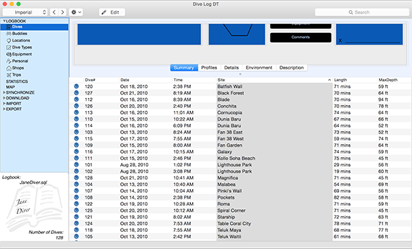 Sort scuba dives by Dive Site by clicking the column header