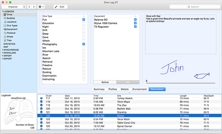 Add more information to describe your dive - add tags, give the list of equipment used, write lot’s of notes, and have your Buddy sign your logbook!